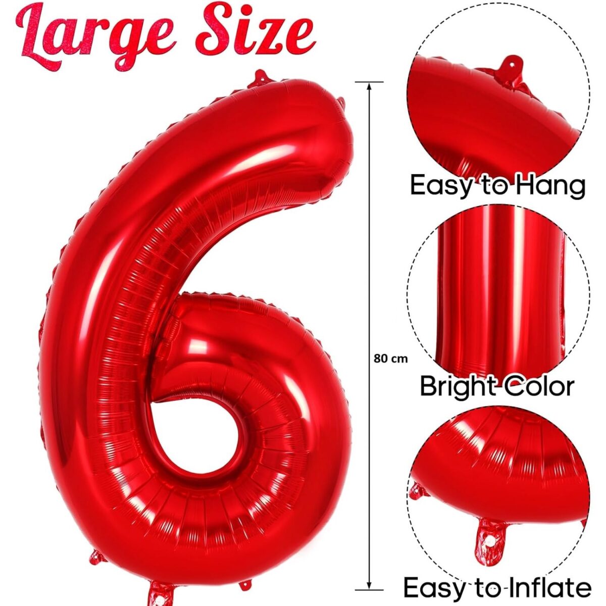 Balon din Folie Metalizata Embo, Figurina Cifra, Tema Aniversare 80 cm, Ambalaj Individual, Pai inclus, Umflare cu Aer sau Heliu, Rosu, Cifra 6 - imagine 2