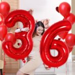 Balon din Folie Metalizata Embo, Figurina Cifra, Tema Aniversare 80 cm, Ambalaj Individual, Pai inclus, Umflare cu Aer sau Heliu, Rosu, Cifra 6 - imagine 5