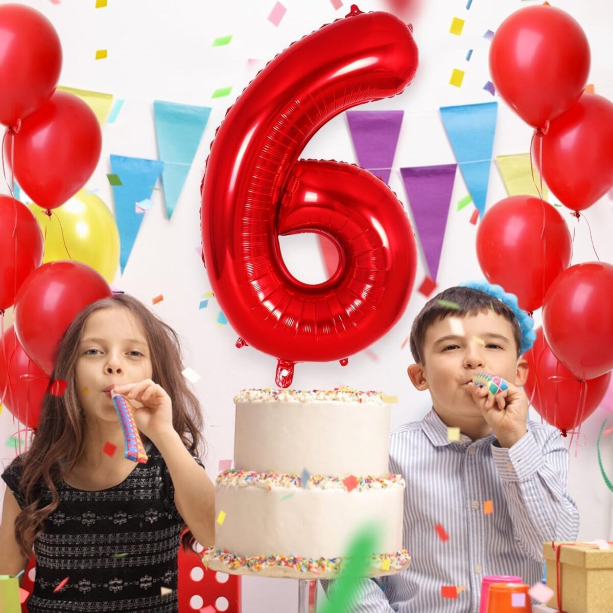 Balon din Folie Metalizata Embo, Figurina Cifra, Tema Aniversare 80 cm, Ambalaj Individual, Pai inclus, Umflare cu Aer sau Heliu, Rosu, Cifra 6 - imagine 6