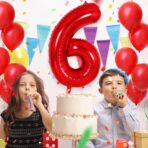 Balon din Folie Metalizata Embo, Figurina Cifra, Tema Aniversare 80 cm, Ambalaj Individual, Pai inclus, Umflare cu Aer sau Heliu, Rosu, Cifra 6 - imagine 6