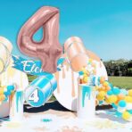 Balon din Folie Metalizata Embo, Figurina Cifra, Tema Aniversare 80 cm, Ambalaj Individual, Pai inclus, Umflare cu Aer sau Heliu, Rose, Cifra 4 - imagine 3