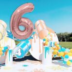 Balon din Folie Metalizata Embo, Figurina Cifra, Tema Aniversare 80 cm, Ambalaj Individual, Pai inclus, Umflare cu Aer sau Heliu, Rose, Cifra 6 - imagine 3