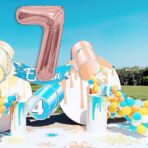 Balon din Folie Metalizata Embo, Figurina Cifra, Tema Aniversare 80 cm, Ambalaj Individual, Pai inclus, Umflare cu Aer sau Heliu, Rose, Cifra 7 - imagine 3