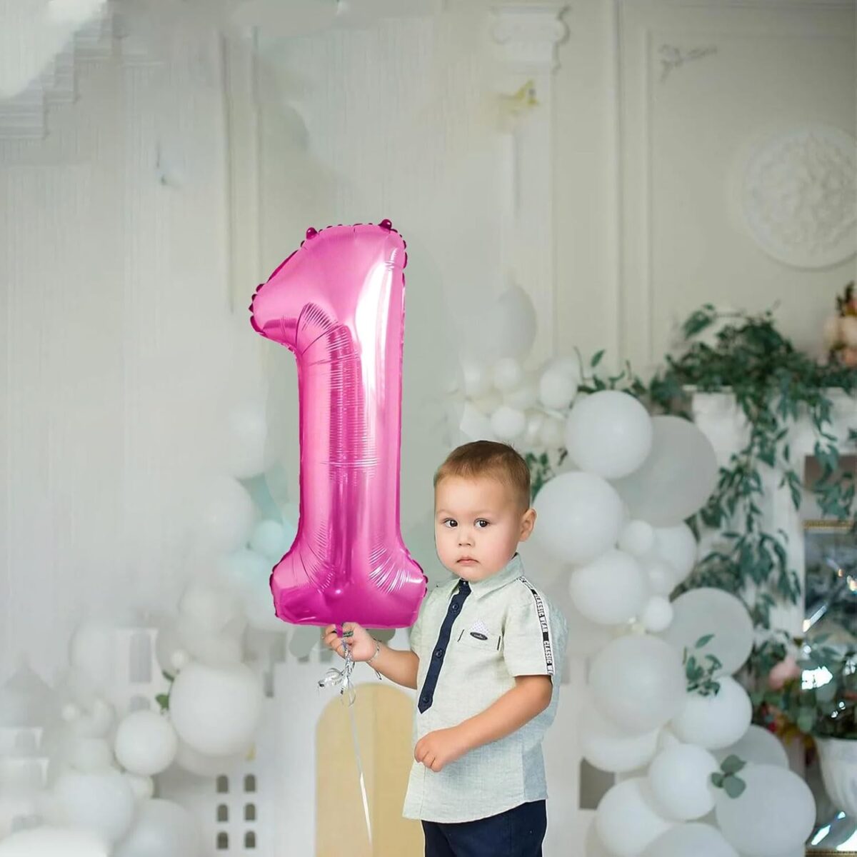 Balon din Folie Metalizata Embo, Figurina Cifra, Tema Aniversare 80 cm, Ambalaj Individual, Pai inclus, Umflare cu Aer sau Heliu, Roz, Cifra 1 - imagine 3