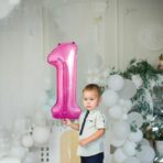 Balon din Folie Metalizata Embo, Figurina Cifra, Tema Aniversare 80 cm, Ambalaj Individual, Pai inclus, Umflare cu Aer sau Heliu, Roz, Cifra 1 - imagine 3