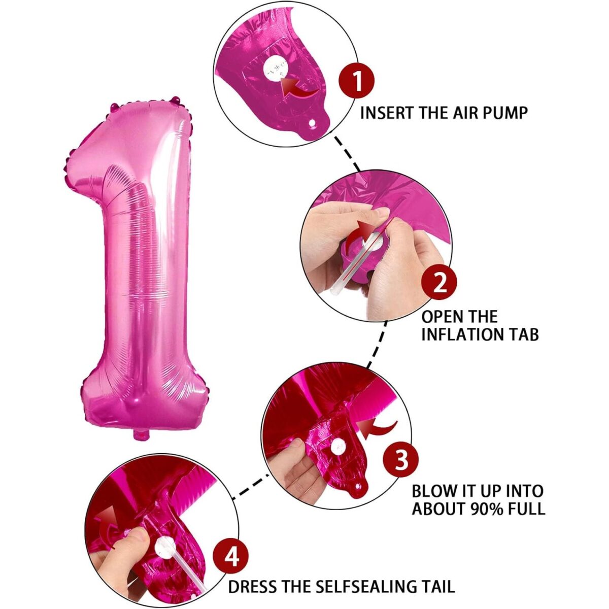 Balon din Folie Metalizata Embo, Figurina Cifra, Tema Aniversare 80 cm, Ambalaj Individual, Pai inclus, Umflare cu Aer sau Heliu, Roz, Cifra 1 - imagine 5