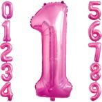 Balon din Folie Metalizata Embo, Figurina Cifra, Tema Aniversare 80 cm, Ambalaj Individual, Pai inclus, Umflare cu Aer sau Heliu, Roz, Cifra 1 - imagine 6