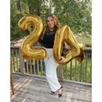 Balon din Folie Metalizata Embo, Figurina Cifra, Tema Aniversare 40 cm, Ambalaj Individual, Pai inclus, Umflare cu Aer sau Heliu, Auriu, Cifra 4 - imagine 3