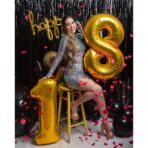 Balon din Folie Metalizata Embo, Figurina Cifra, Tema Aniversare 80 cm, Ambalaj Individual, Pai inclus, Umflare cu Aer sau Heliu, Auriu, Cifra 8 - imagine 3