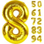 Balon din Folie Metalizata Embo, Figurina Cifra, Tema Aniversare 80 cm, Ambalaj Individual, Pai inclus, Umflare cu Aer sau Heliu, Auriu, Cifra 8 - imagine 7