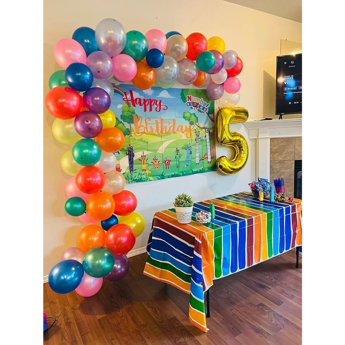 Balon din Folie Metalizata Embo, Figurina Cifra, Tema Aniversare 80 cm, Ambalaj Individual, Pai inclus, Umflare cu Aer sau Heliu, Auriu, Cifra 5 - imagine 4