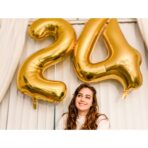 Balon din Folie Metalizata Embo, Figurina Cifra, Tema Aniversare 80 cm, Ambalaj Individual, Pai inclus, Umflare cu Aer sau Heliu, Auriu, Cifra 2 - imagine 5