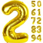Balon din Folie Metalizata Embo, Figurina Cifra, Tema Aniversare 80 cm, Ambalaj Individual, Pai inclus, Umflare cu Aer sau Heliu, Auriu, Cifra 2 - imagine 10