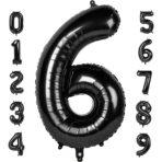 Balon din Folie Metalizata, Embo, Figurina Cifra, Tema Aniversare 80 cm, Ambalaj Individual, Pai inclus, Umflare cu Aer sau Heliu, Negru, Cifra 6 - imagine 6