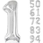 Balon din Folie Metalizata, Embo, Figurina Cifra, Tema Aniversare 80 cm, Ambalaj Individual, Pai inclus, Umflare cu Aer sau Heliu, Argintiu, Cifra 1 - imagine 8
