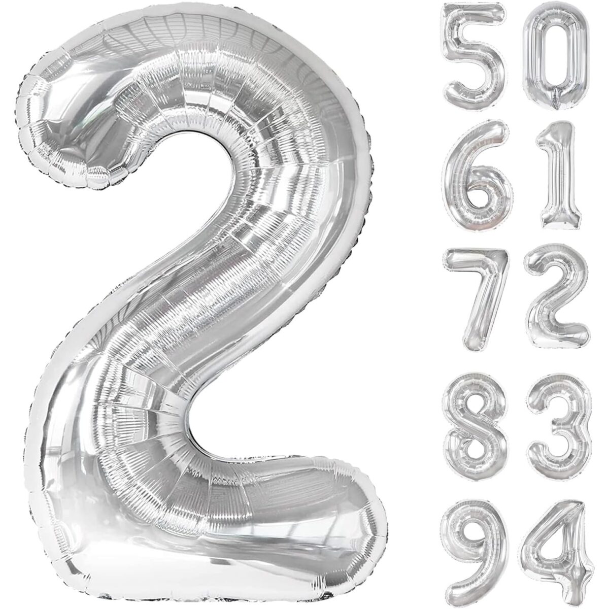 Balon din Folie Metalizata, Embo, Figurina Cifra, Tema Aniversare 80 cm, Ambalaj Individual, Pai inclus, Umflare cu Aer sau Heliu, Argintiu, Cifra 2 - imagine 12