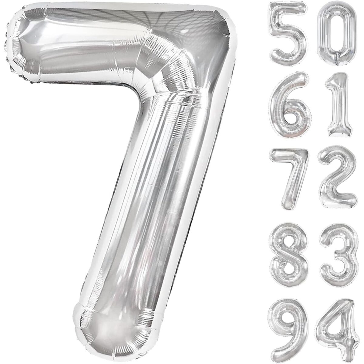 Balon din Folie Metalizata, Embo, Figurina Cifra, Tema Aniversare 80 cm, Ambalaj Individual, Pai inclus, Umflare cu Aer sau Heliu, Argintiu, Cifra 7 - imagine 7