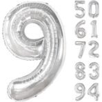 Balon din Folie Metalizata, Embo, Figurina Cifra, Tema Aniversare 80 cm, Ambalaj Individual, Pai inclus, Umflare cu Aer sau Heliu, Argintiu, Cifra 9 - imagine 6