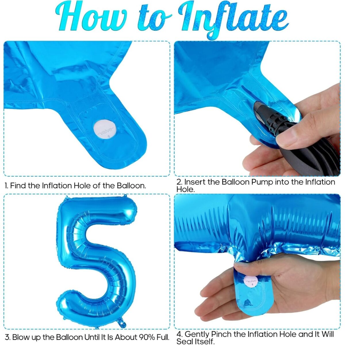 Balon din Folie Metalizata, Embo, Figurina Cifra, Tema Aniversare 80 cm, Ambalaj Individual, Pai inclus, Umflare cu Aer sau Heliu, Albastru, Cifra 5 - imagine 3