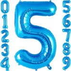 Balon din Folie Metalizata, Embo, Figurina Cifra, Tema Aniversare 80 cm, Ambalaj Individual, Pai inclus, Umflare cu Aer sau Heliu, Albastru, Cifra 5 - imagine 7