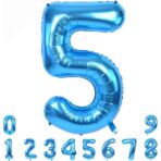 Balon din Folie Metalizata, Embo, Figurina Cifra, Tema Aniversare 80 cm, Ambalaj Individual, Pai inclus, Umflare cu Aer sau Heliu, Albastru, Cifra 5 - imagine 8