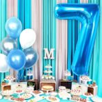 Balon din Folie Metalizata, Embo, Figurina Cifra, Tema Aniversare 80 cm, Ambalaj Individual, Pai inclus, Umflare cu Aer sau Heliu, Albastru, Cifra 7 - imagine 3