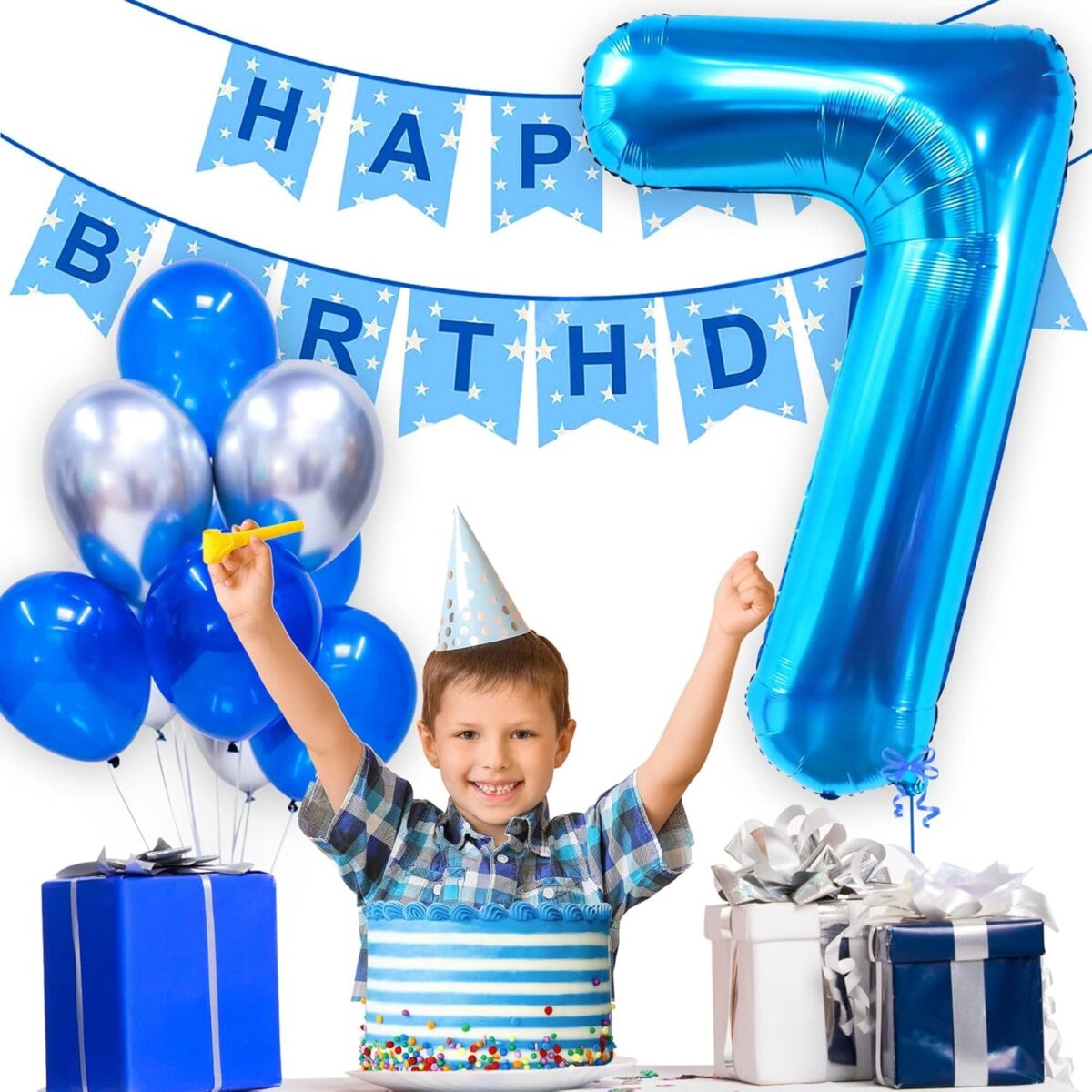 Balon din Folie Metalizata, Embo, Figurina Cifra, Tema Aniversare 80 cm, Ambalaj Individual, Pai inclus, Umflare cu Aer sau Heliu, Albastru, Cifra 7 - imagine 7