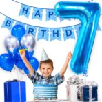 Balon din Folie Metalizata, Embo, Figurina Cifra, Tema Aniversare 80 cm, Ambalaj Individual, Pai inclus, Umflare cu Aer sau Heliu, Albastru, Cifra 7 - imagine 7