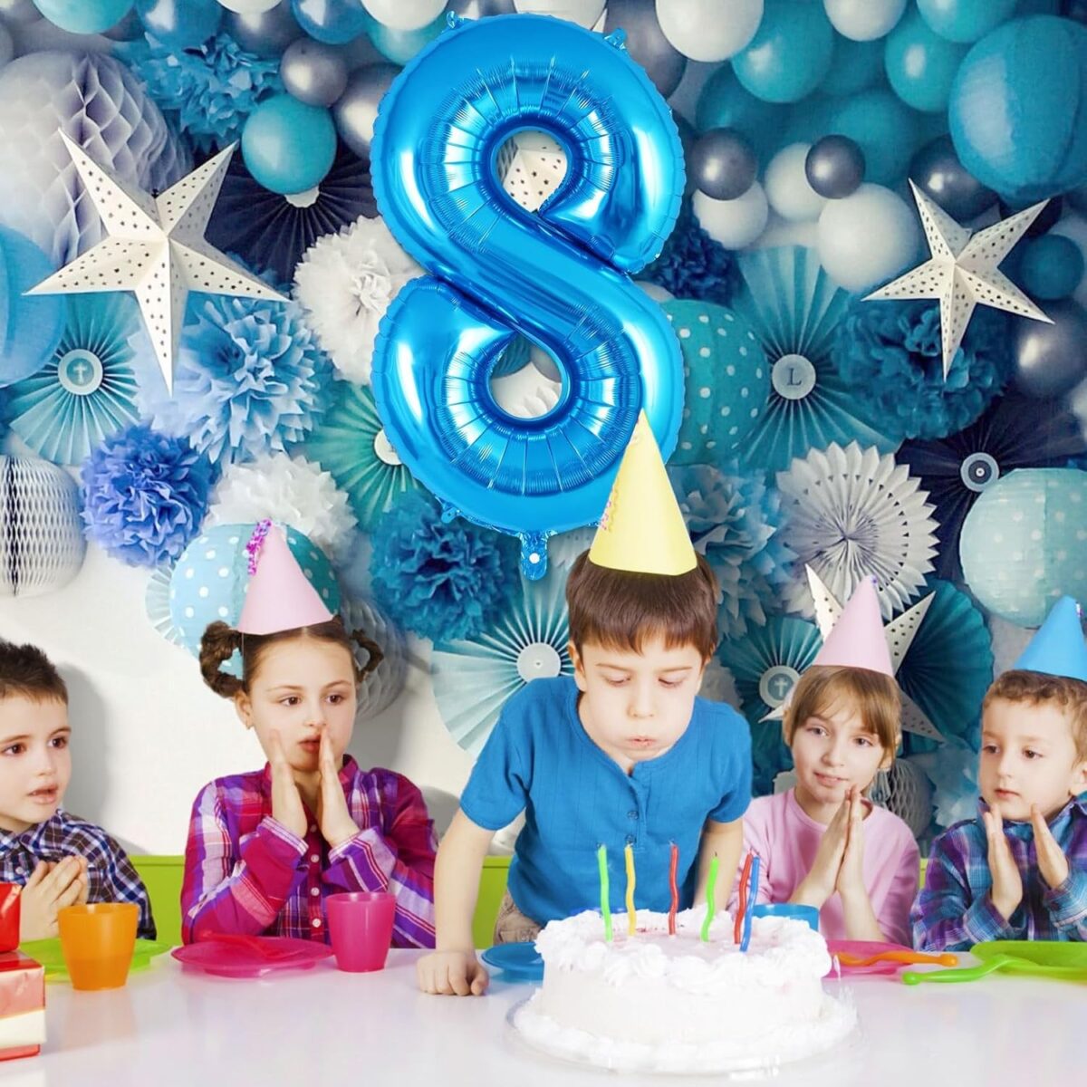 Balon din Folie Metalizata, Embo, Figurina Cifra, Tema Aniversare 80 cm, Ambalaj Individual, Pai inclus, Umflare cu Aer sau Heliu, Albastru, Cifra 8 - imagine 5