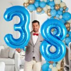 Balon din Folie Metalizata, Embo, Figurina Cifra, Tema Aniversare 80 cm, Ambalaj Individual, Pai inclus, Umflare cu Aer sau Heliu, Albastru, Cifra 8 - imagine 6