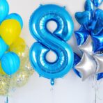 Balon din Folie Metalizata, Embo, Figurina Cifra, Tema Aniversare 80 cm, Ambalaj Individual, Pai inclus, Umflare cu Aer sau Heliu, Albastru, Cifra 8 - imagine 7