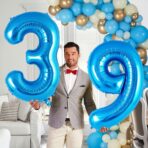 Balon din Folie Metalizata, Embo, Figurina Cifra, Tema Aniversare 80 cm, Ambalaj Individual, Pai inclus, Umflare cu Aer sau Heliu, Albastru, Cifra 9 - imagine 4