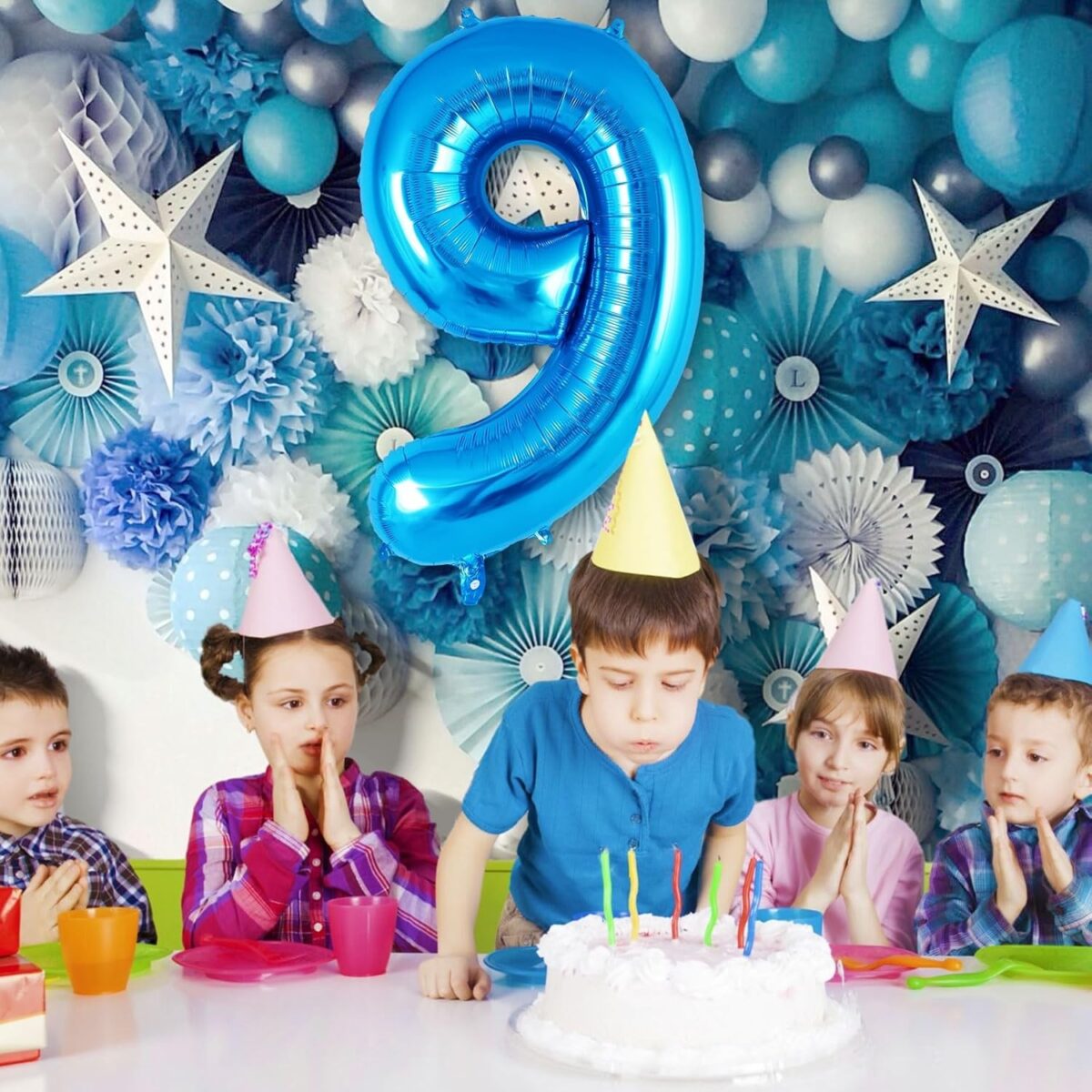 Balon din Folie Metalizata, Embo, Figurina Cifra, Tema Aniversare 80 cm, Ambalaj Individual, Pai inclus, Umflare cu Aer sau Heliu, Albastru, Cifra 9 - imagine 5