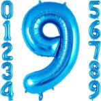 Balon din Folie Metalizata, Embo, Figurina Cifra, Tema Aniversare 80 cm, Ambalaj Individual, Pai inclus, Umflare cu Aer sau Heliu, Albastru, Cifra 9 - imagine 7