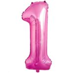 Balon din Folie Metalizata Embo, Figurina Cifra, Tema Aniversare 80 cm, Ambalaj Individual, Pai inclus, Umflare cu Aer sau Heliu, Roz, Cifra 1