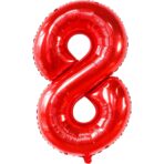 Balon din Folie Metalizata Embo, Figurina Cifra, Tema Aniversare 80 cm, Ambalaj Individual, Pai inclus, Umflare cu Aer sau Heliu, Rosu, Cifra 8