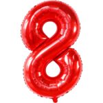 Balon din Folie Metalizata Embo, Figurina Cifra, Tema Aniversare 80 cm, Ambalaj Individual, Pai inclus, Umflare cu Aer sau Heliu, Rosu, Cifra 8