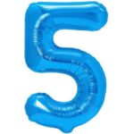 Balon din Folie Metalizata, Embo, Figurina Cifra, Tema Aniversare 80 cm, Ambalaj Individual, Pai inclus, Umflare cu Aer sau Heliu, Albastru, Cifra 5