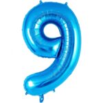 Balon din Folie Metalizata, Embo, Figurina Cifra, Tema Aniversare 80 cm, Ambalaj Individual, Pai inclus, Umflare cu Aer sau Heliu, Albastru, Cifra 9