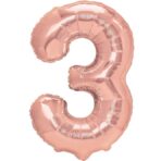 Balon din Folie Metalizata Embo, Figurina Cifra, Tema Aniversare 80 cm, Ambalaj Individual, Pai inclus, Umflare cu Aer sau Heliu, Rose Gold, Cifra 3