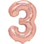 Balon din Folie Metalizata Embo, Figurina Cifra, Tema Aniversare 80 cm, Ambalaj Individual, Pai inclus, Umflare cu Aer sau Heliu, Rose Gold, Cifra 3