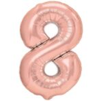 Balon din Folie Metalizata Embo, Figurina Cifra, Tema Aniversare 80 cm, Ambalaj Individual, Pai inclus, Umflare cu Aer sau Heliu, Rose Gold, Cifra 8