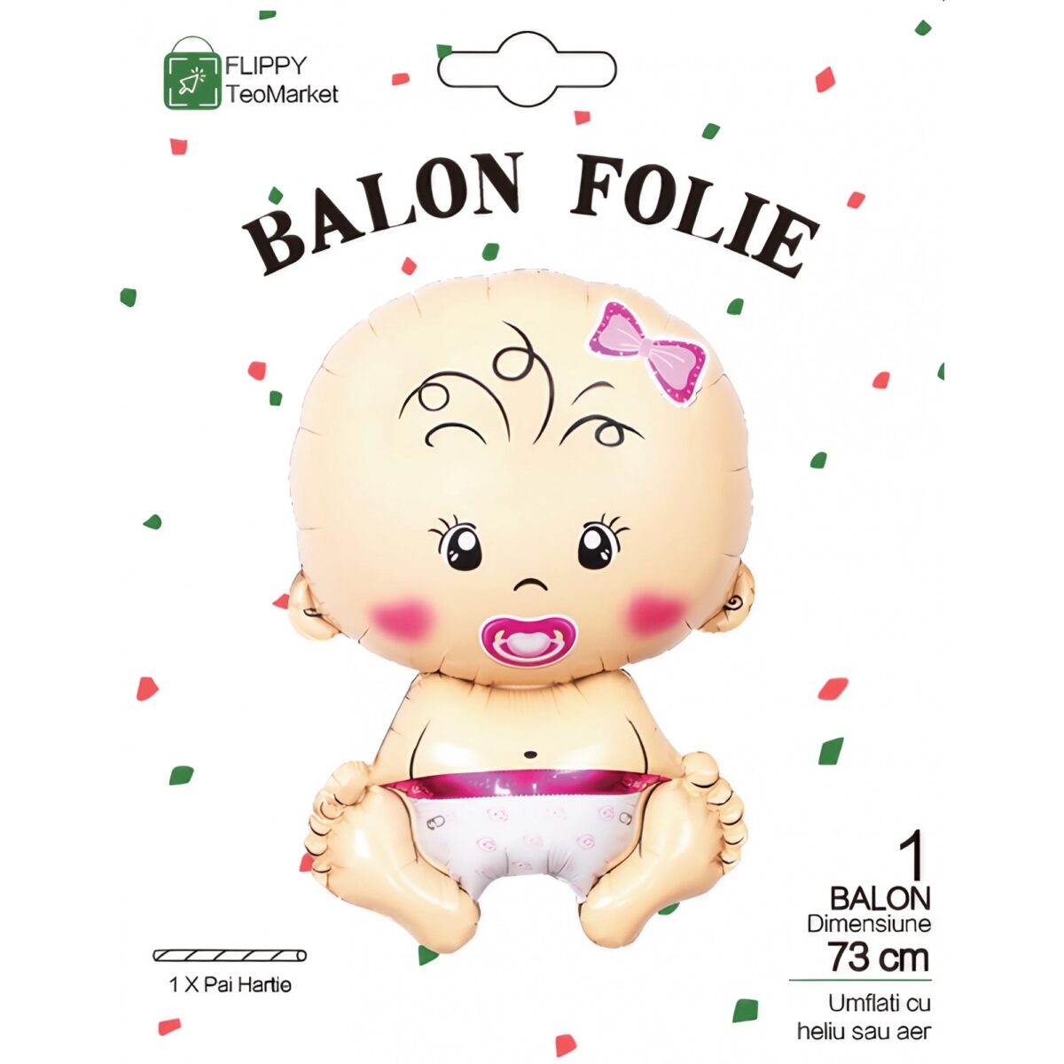 Balon din Folie Metalizata, Embo, Figurina Fetita, Tema Botez, 73x48 cm,  Ambalaj Individual, Pai Inclus, Umflare cu Aer sau Heliu, Roz - imagine 10