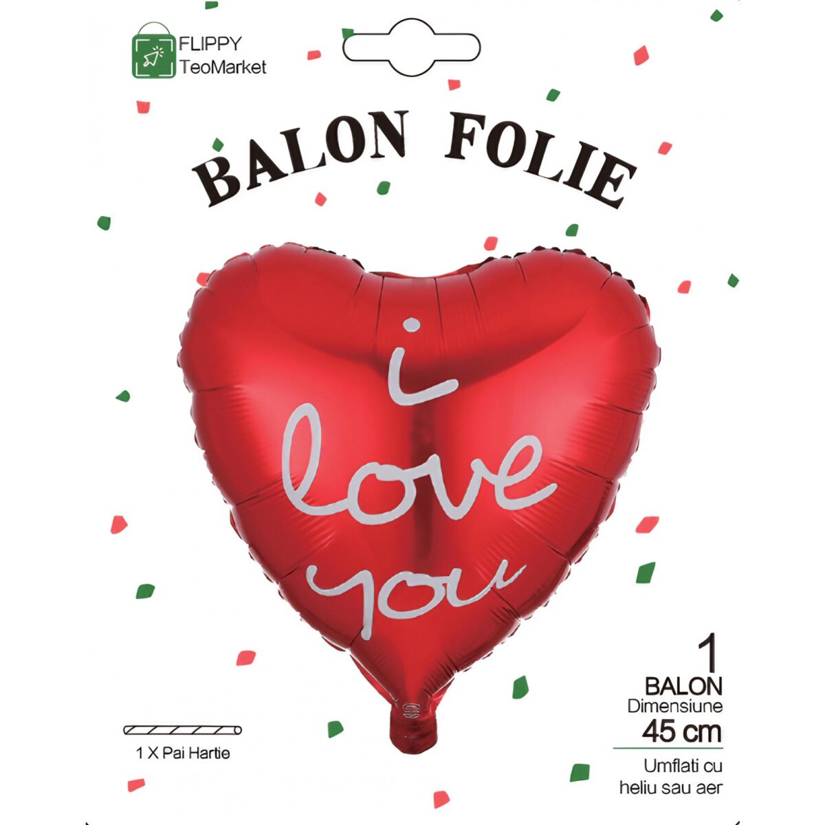 Balon din Folie Metalizata, Embo, Figurina Inima, Model I Love You Scris de Mana, Tema Ziua Indragostitilor, 45 cm, Ambalaj Individual, Pai Inclus, Umflare cu Aer sau Heliu, Rosu - imagine 3
