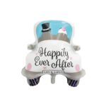 Balon din Folie Metalizata, Embo, Figurina Masina, Model Nunta Happily Ever After, Tema Nunta, 60 x 63 cm, Ambalaj Individual, Pai Inclus, Umflare cu Aer sau Heliu, Alb