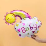 Balon din Folie Metalizata, Embo, Figurina Soare si Nor, Tema Botez, 60x53 cm, Ambalaj Individual, Pai Inclus, Umflare cu Aer sau Heliu, Roz - imagine 6