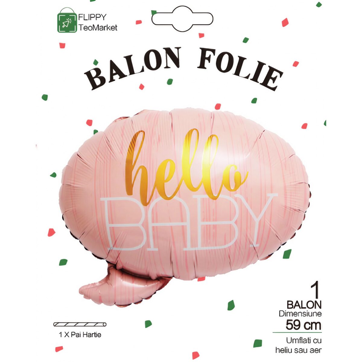 Balon din Folie Metalizata, Embo, Figurina Norisor, Tema Hello Baby , 59x50 cm, Ambalaj Individual, Pai Inclus, Umflare cu Aer sau Heliu, Roz - imagine 6