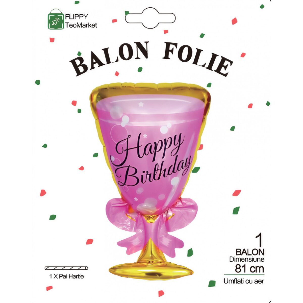 Balon din Folie Metalizata, Embo, Figurina Pahar de Vin, Tema Aniversare, 93x48 cm, Ambalaj Individual, Pai Inclus, Umflare cu Aer sau Heliu, Roz - imagine 4