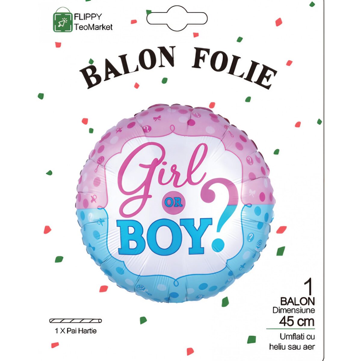 Balon din Folie Metalizata, Embo, Figurina Rotunda, Model Girl or Boy, Tema Gender Reveal, 45 cm, Ambalaj Individual, Pai Inclus, Umflare cu Aer sau Heliu, Albastru/Roz - imagine 4