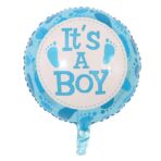 Balon din Folie Metalizata, Embo, Figurina Rotunda, Model It's a Boy, Tema Gender Reveal, 45 cm, Ambalaj Individual, Pai Inclus, Umflare cu Aer sau Heliu, Albastru